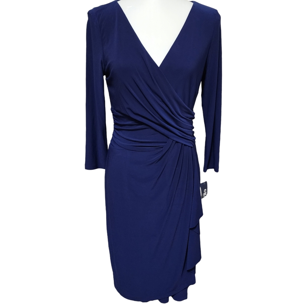 Chaps navy vneck surplice draped fabric midi dress size medium